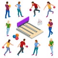 Isometric Bowling realistic icons set with game equipment, cafe tables, shelves for shoes, skittles, and balls isolated