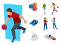 Isometric Bowling realistic icons set with game equipment, cafe tables, shelves for shoes, skittles, and balls isolated Royalty Free Stock Photo