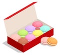 Isometric box with colourful macaroons. Dessert. French macaroon cake.