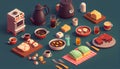 isometric Breakfast food and drinks background. Breakfast and kitchen equipment Cooking icons set. good morning concept, AI