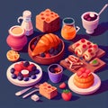 isometric Breakfast food and drinks background. Breakfast and kitchen equipment Cooking icons set. good morning concept, AI