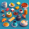 isometric Breakfast food and drinks background. Breakfast and kitchen equipment Cooking icons set. good morning concept, AI