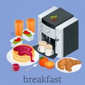 Isometric Breakfast and kitchen equipment concept. Breakfast served with coffee, orange juice, croissants, cereals and