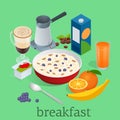 Isometric Breakfast and kitchen equipment icons set. Breakfast served with coffee, orange juice, oatmeal with berries