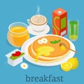 Isometric. Breakfast and kitchen equipment icons set. Breakfast served with yoghurt, coffee, juice, pancakes with