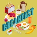 Isometric Breakfast and kitchen equipment icons set. English breakfast with fried eggs, bacon, sausages, beans, toasts