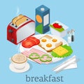 Isometric Breakfast and kitchen equipment icons set. English breakfast with fried eggs, bacon, sausages, beans, toasts