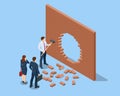 Isometric Breaking the Wall. An alternative Solution to the Problem. Businessman Solved Problem, New Solution, Success Royalty Free Stock Photo
