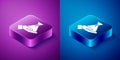 Isometric Bribe money bag icon isolated on blue and purple background. Bill currency. Square button. Vector