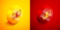 Isometric Bribe money cash icon isolated on orange and red background. Money banknotes stacks. Bill currency. Circle