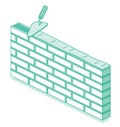 Isometric brick wall under construction with a trowel and mortar. Masonry work, building structure, and architectural development Royalty Free Stock Photo