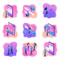 Isometric bright concepts with teenagers or young entrepreneurs. Vector illustration for website design Royalty Free Stock Photo