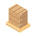 Isometric brown cardboard boxes on wooden pallet.