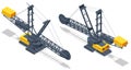 Isometric Bucket-wheel excavator. BWE, continuous digging machine in large-scale open-pit mining operations, removing