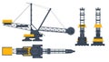 Isometric Bucket-wheel excavator. BWE, Bucket-wheel excavator mining lignite. View front, rear, side and top. Mining