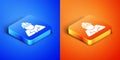 Isometric Builder icon isolated on blue and orange background. Construction worker. Square button. Vector