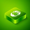 Isometric Builder icon isolated on green background. Construction worker. Green square button. Vector