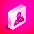 Isometric Builder icon isolated on pink background. Construction worker. Silver square button. Vector