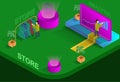 Isometric 3D store fashion vector illustration, indoor concept boutique analytic and fashion retail shopping. creative isometric a