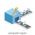 Isometric building of computer repair. broken computers come for repairs. Flat 3D illustration. Royalty Free Stock Photo