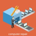 Isometric building of computer repair. broken computers come for repairs. Flat 3D illustration. Royalty Free Stock Photo