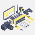 Isometric building with different technologies banner vector illustration. Gadgets such as photo camera, computer, e