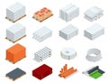 Isometric building products icons. Ferro-concrete items, Concrete elements, pipes, iron roof, cement, concrete and brick