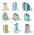 Isometric buildings. Business offices, apartment houses, skyscrapers for infographic city map, architectural landscape Royalty Free Stock Photo