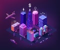 Isometric buildings. 3D smart city in neon night with planes and cars. Modern business. Communication technology