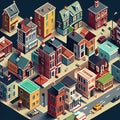 Isometric Buildings Pattern, Houses Texture Background, Isometric Town, Abstract Generative AI Illustration