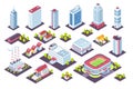 Isometric buildings set. City houses and industrial constructions, 3D factory offices cottage museum. Vector real estate