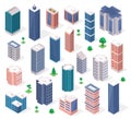 Isometric buildings. Urban skyscraper tower, modern apartment or business office building. 3d city architecture with