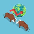 Isometric bulls fighting with world and growth graph. Royalty Free Stock Photo