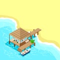 Isometric bungalow with a pier and a moored boat