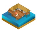 Isometric bungalow. Summer house. Wooden villa suite. Romantic cozy bungalow or small apartments building for rent or
