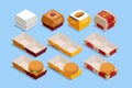 Isometric burger, hamburger in red and beige paper boxes for burgers. Top and front side view isolated on white Royalty Free Stock Photo