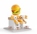 Isometric burger restaurant building exterior 3d render. Street fast food cafe with wooden furniture outside in