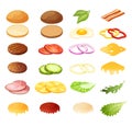 Isometric burger sandwich constructor vector illustration, 3d cartoon menu ingredients for hamburger icon set isolated