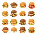 Isometric burger vector illustration set, 3d cartoon fresh different hamburgers for fast food cafe menu icon set Royalty Free Stock Photo