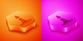 Isometric Burning candle in candlestick icon isolated on orange and pink background. Cylindrical candle stick with