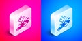 Isometric Burning car icon isolated on pink and blue background. Car on fire. Broken auto covered with fire and smoke Royalty Free Stock Photo
