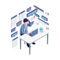 Isometric Burnout Worker Overwhelmed by Notifications and Digital Overload Royalty Free Stock Photo
