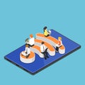 Isometric busienss people with laptops working while sitting on Wi-Fi hotspot icon