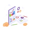 Isometric business analysis concept with graphics on mobile phone and paper documents, coin money and gears.