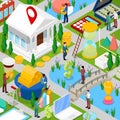 Isometric Business City with Financial Items and Businessman. Small People in Money Cityscape