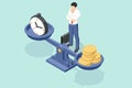 Isometric business concept of scales balance with alarm clock and money. Time is money concept Royalty Free Stock Photo