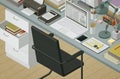 Isometric business desktop with laptop and office supplies,3D illustration Royalty Free Stock Photo