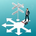 Isometric business directions. Businessman standing at a crossroad and looking directional signs arrows in difficult Royalty Free Stock Photo