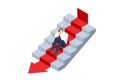 Isometric Business on falling down the chart. Fail, Risk, Problem. Decline red arrow with businessman isolated on white