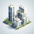 Isometric business glass office building. Isometric modern architecture design. Sustainable green building. Office with green Royalty Free Stock Photo